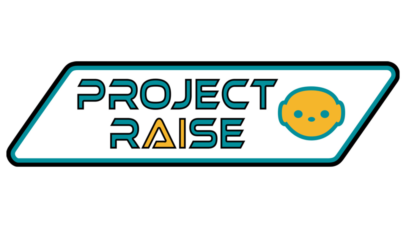 Project RAISE logo. The design features the words 'PROJECT RAISE' in bold, futuristic lettering with a stylized yellow triangle replacing the letter 'A' in 'RAISE.' To the right of the text is a simple, circular icon resembling a yellow robot face outlined in teal, with two small eyes and a mouth. The entire logo is framed by a white and teal-bordered geometric shape, giving it a modern, tech-inspired look.